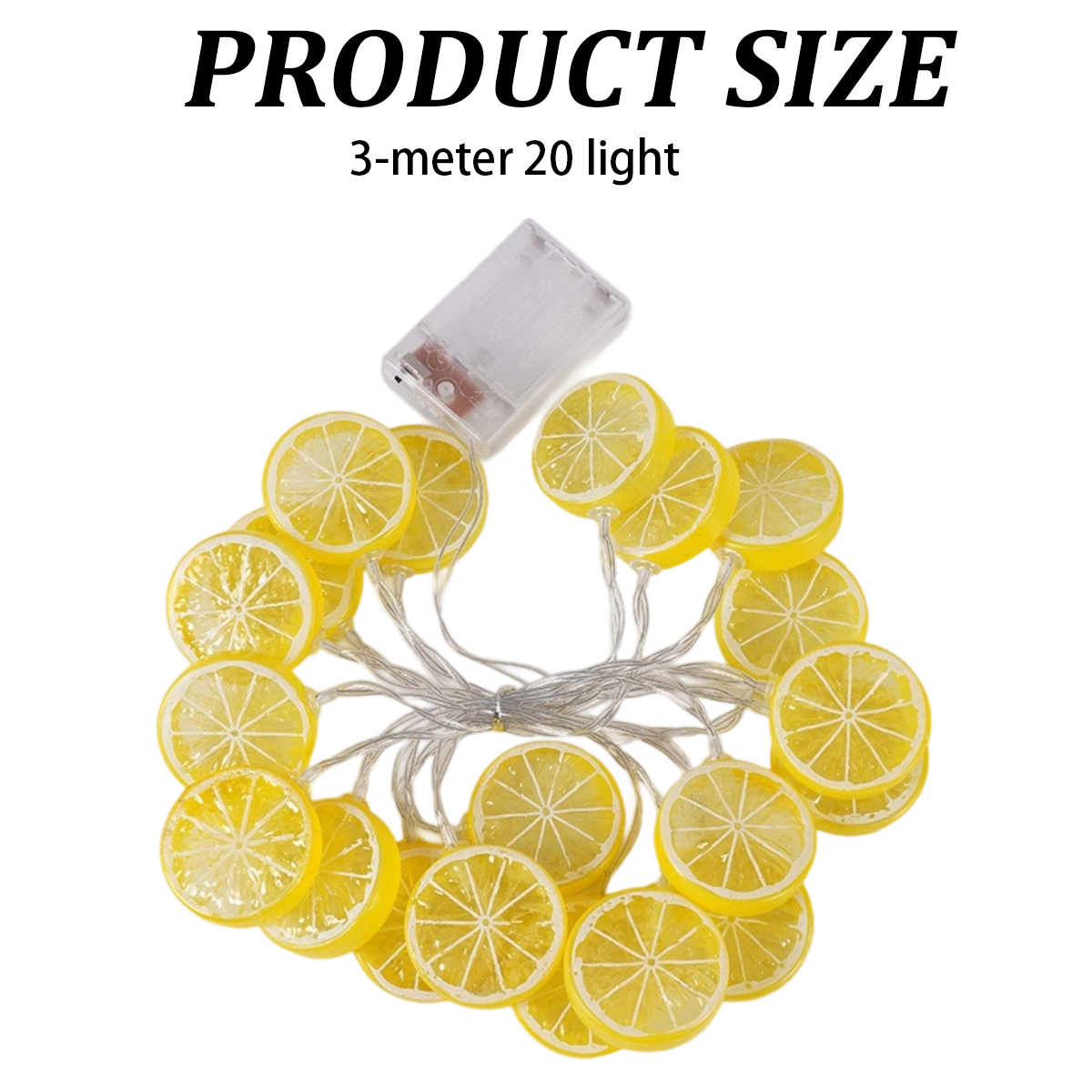 Zitronenförmige Lichterkette mit Batteriepack. Die Lichter sind gelb und weiß, ähneln Zitronenscheiben. Text 'PRODUCT SIZE' darüber.