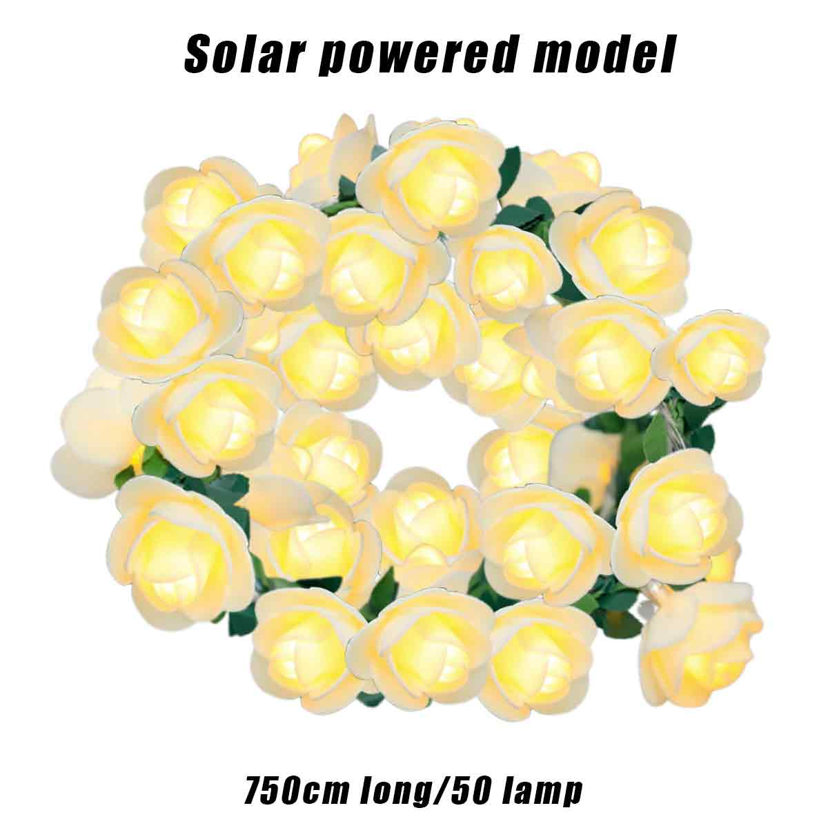 Eine Lichterkette mit solarbetriebenen rosenförmigen Lichtern. Der Text lautet 'Solar powered model' und '750cm long/50 lamp'.