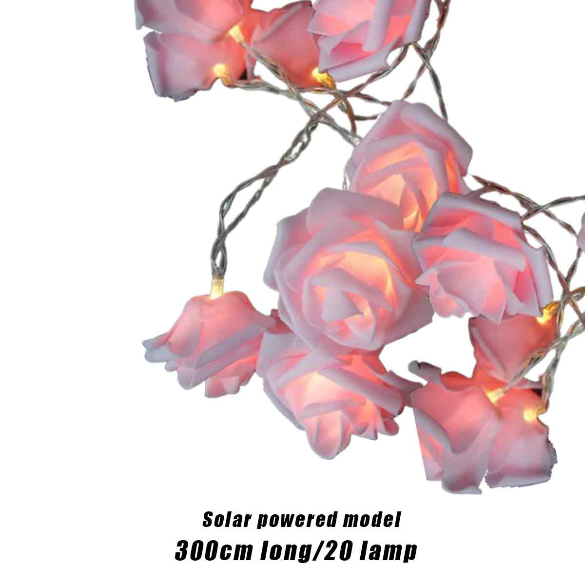 Lichterkette aus rosa rosenförmigen Lichtern auf silbernem Draht. Der Text unten lautet 'Solarbetriebenes Modell 300 cm lang/20 Lampen'.