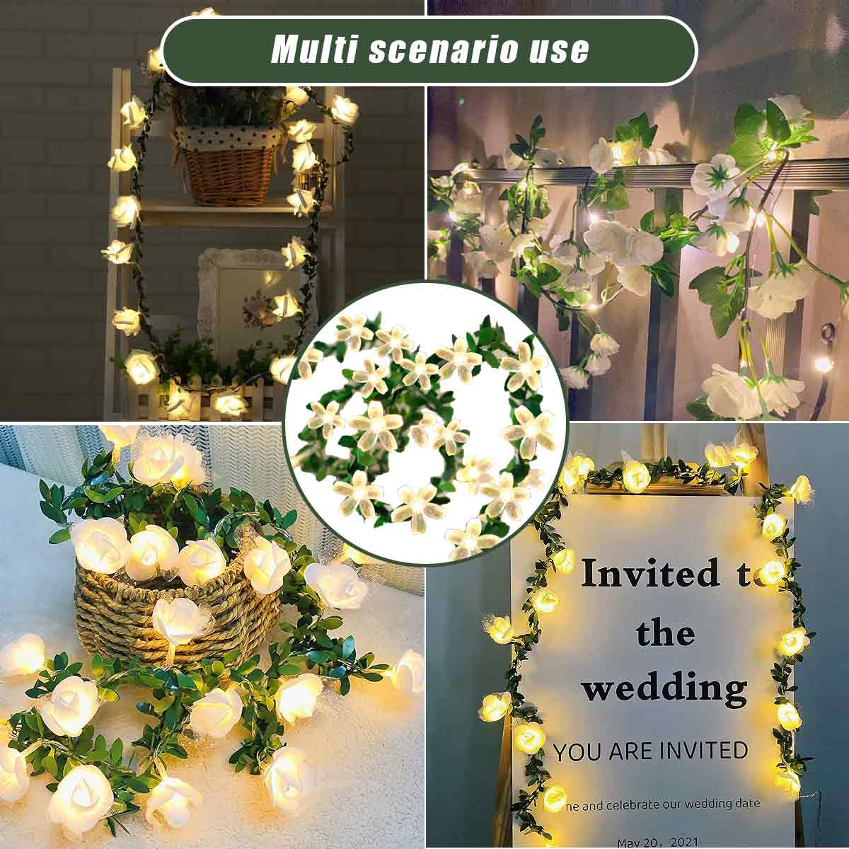 Verschiedene Szenen zeigen Lichterketten mit Blumen. Eine Szene hat ein Hochzeitsschild, eine andere Lichter um einen Korb und auf einem Regal.