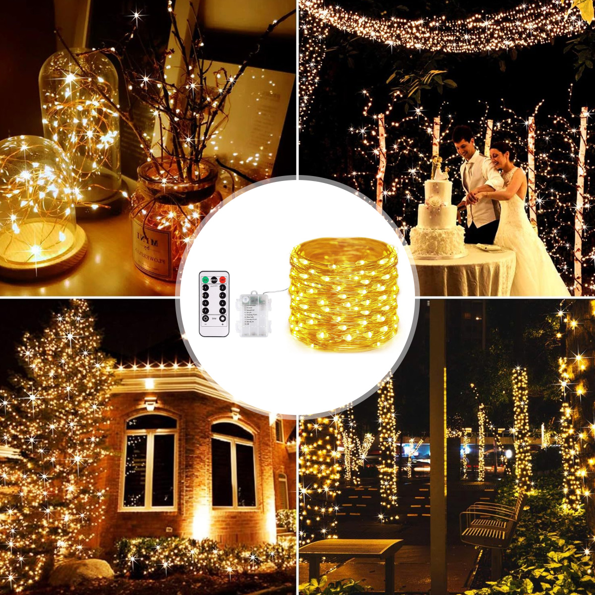 Eine Collage mit Feenlichtern. Enthält Lichter in Gläsern, um Bäume gewickelt und eine Hochzeitsszene mit Kuchen.