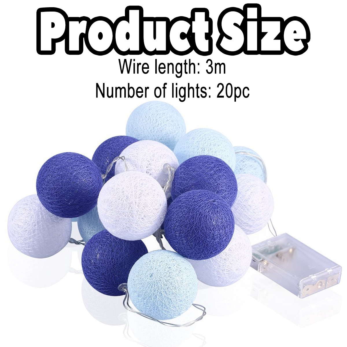 Lichterkette mit blauen, weißen und hellblauen Baumwollkugeln. Drahtlänge 3m, 20 Lichter. Inklusive Batteriepack.