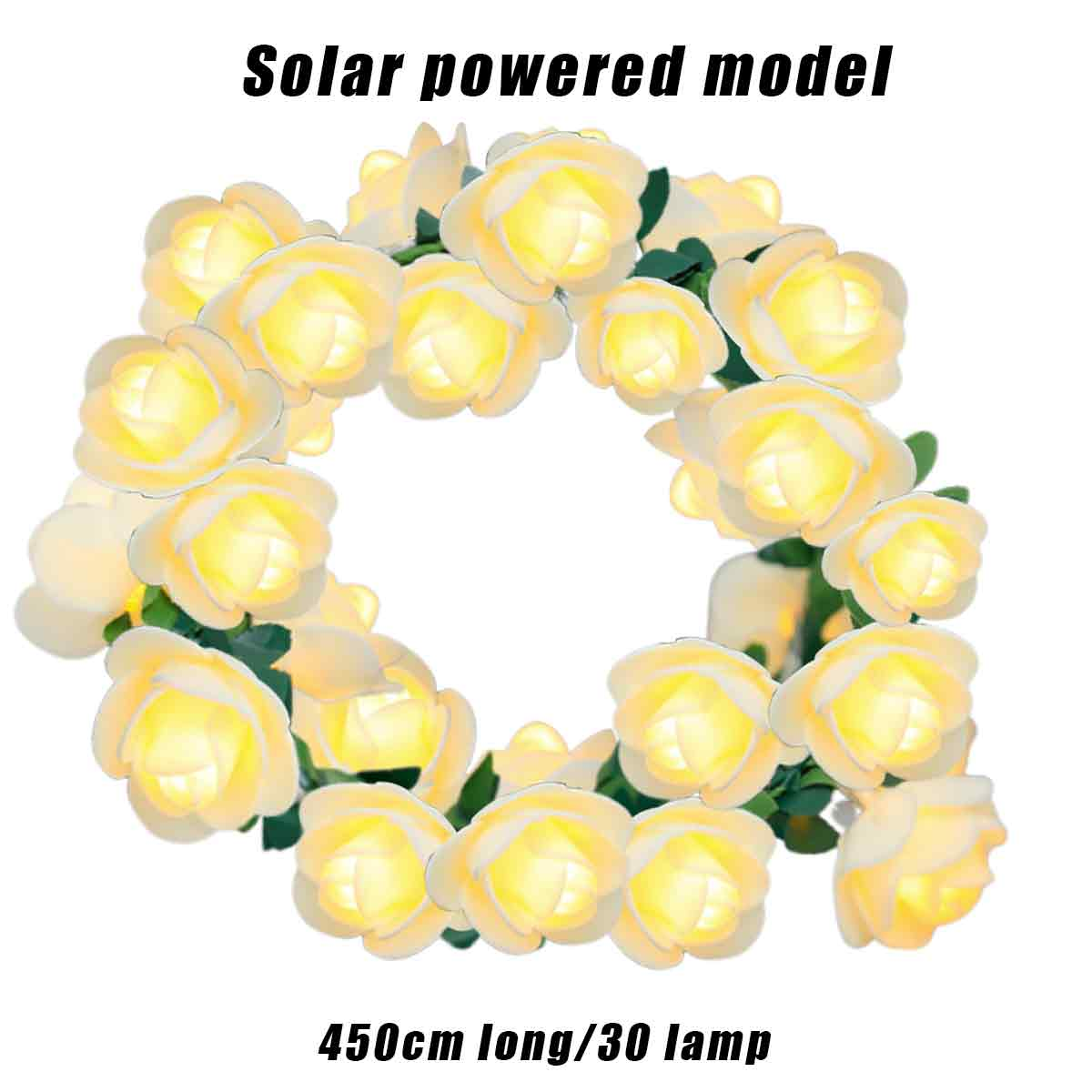 Ein Kranz aus solarbetriebenen Rosenlichtern. Jede Rose ist gelb, mit grünen Blättern. Der Text oben lautet 'Solarbetriebenes Modell'.