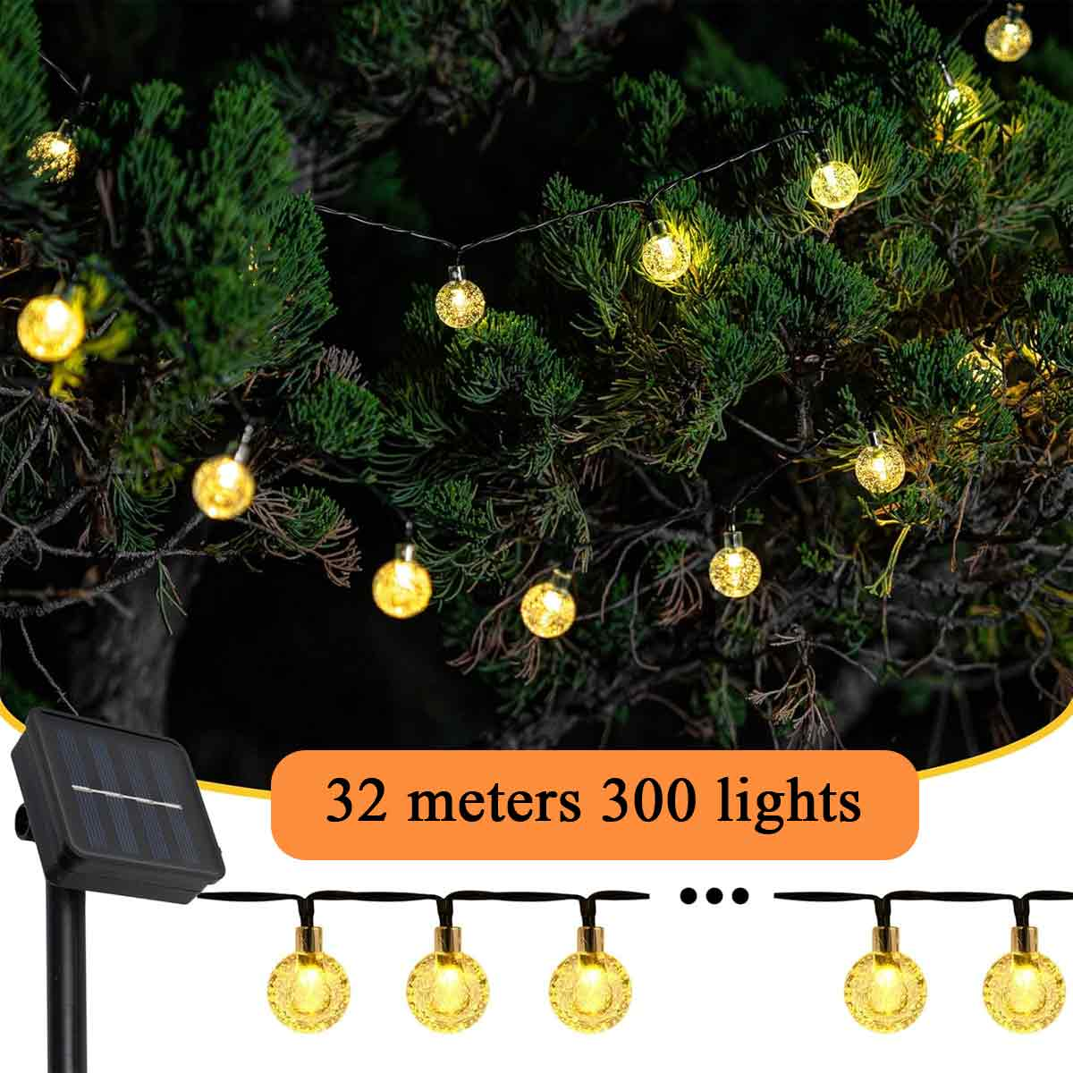 Lichterkette mit Solarpanel. Grüner Hintergrund. Oranger Text: '32 Meter 300 Lichter'.