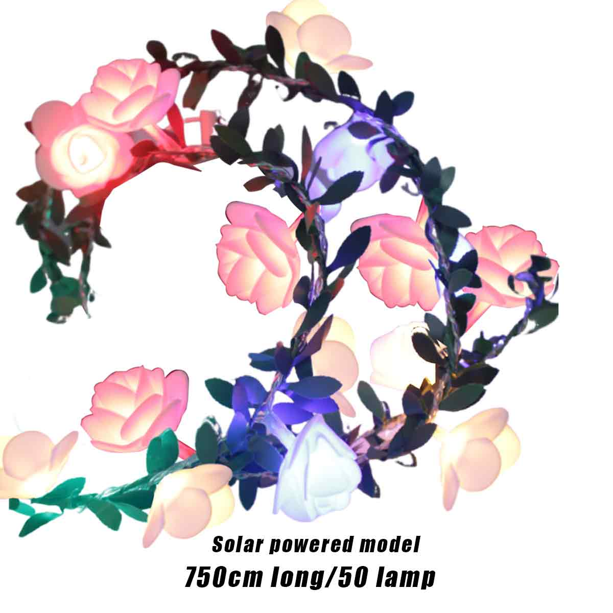 Eine Girlande aus rosa und weißen Blumenlichtern mit grünen Blättern. Der Text unten lautet: Solarbetriebenes Modell 750cm lang/50 Lampe.