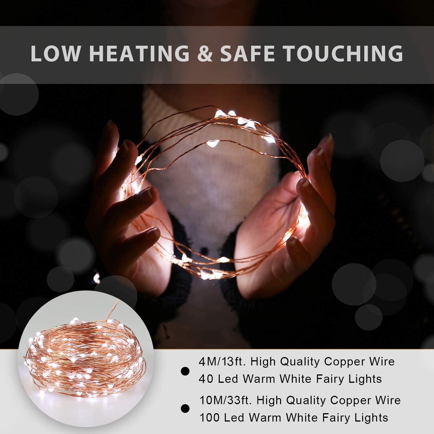 Hände halten Lichterketten. Die Lichter sind warmweiß auf Kupferdraht. Text sagt 'Low Heating & Safe Touching'.