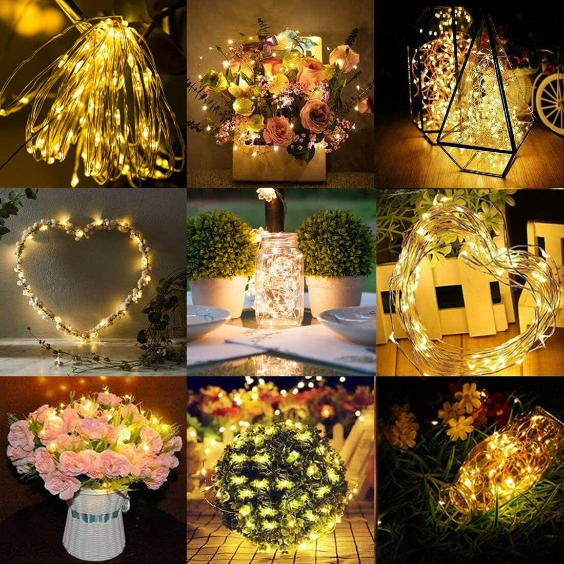 Verschiedene dekorative Arrangements mit Lichterketten: Blumensträuße, Herzformen, geometrische Behälter und Gläser. Die Lichter leuchten warm.