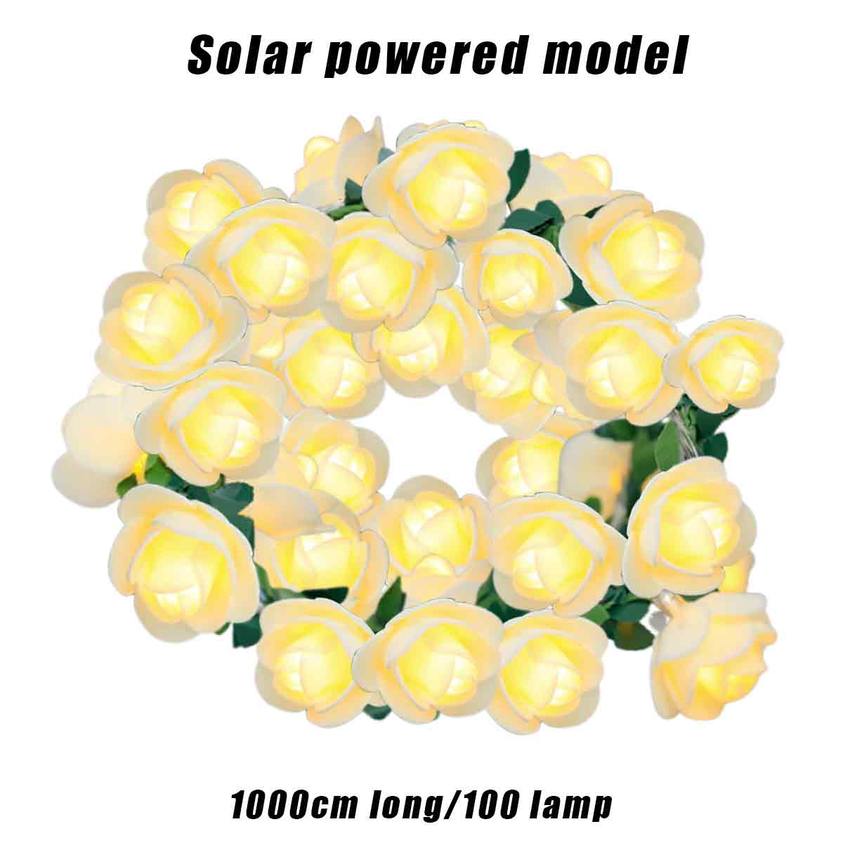 Solarbetriebene Lichterkette mit rosenförmigen Lampen. Das Bild zeigt viele gelb-weiße Rosen. Der Text lautet: 1000cm lang/100 Lampen.