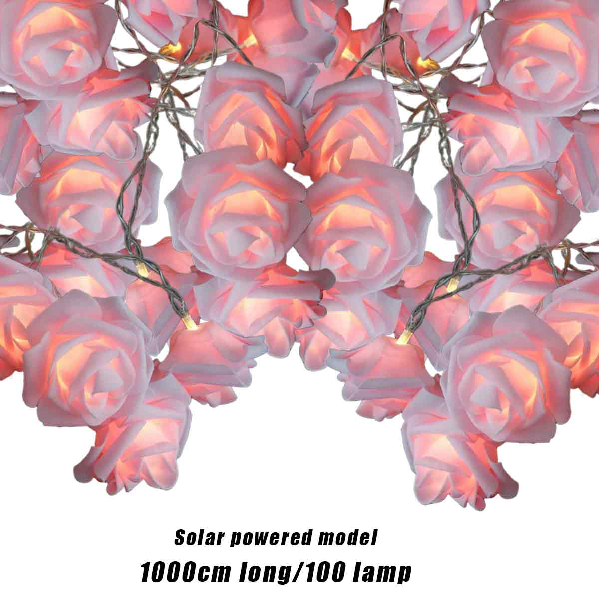 Lichterkette aus rosafarbenen rosenförmigen Lichtern. Jede Rose hat ein sanftes Leuchten. Unten steht: 'Solarbetriebenes Modell 1000 cm lang/100 Lampen'.