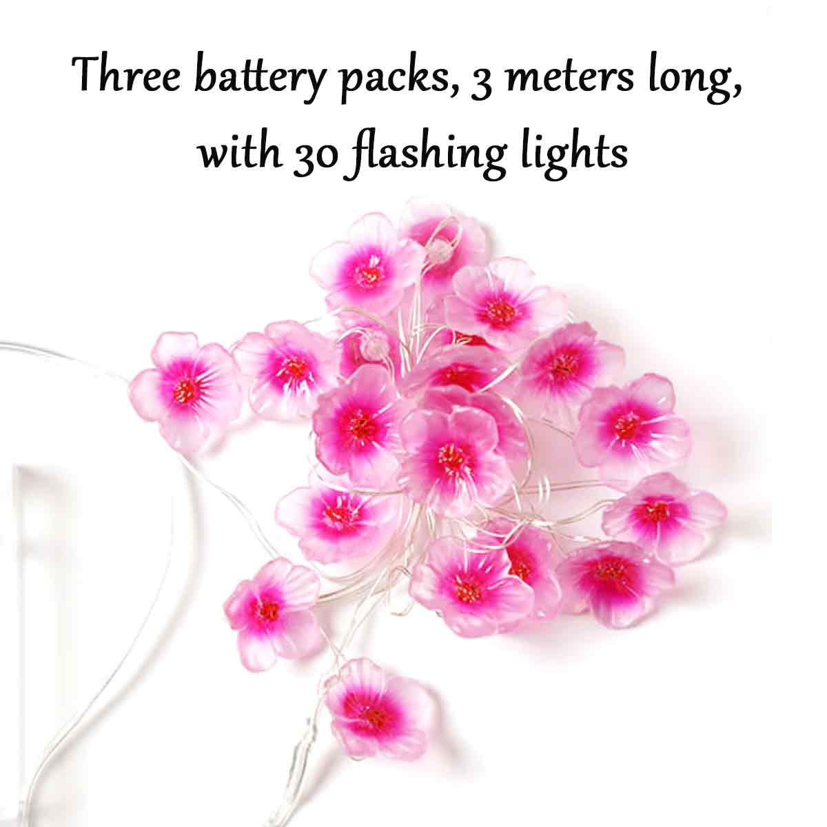 Eine Lichterkette aus rosa Blüten. Jede Blüte hat eine weiße Mitte. Der Hintergrund ist weiß.