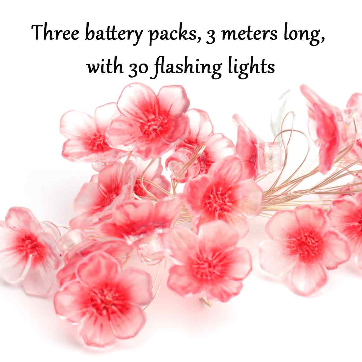 Pinke Lichterketten mit Blumen. Jede Blume hat ein rotes Zentrum. Der Text oben lautet: Drei Batterien, 3 Meter lang, mit 30 blinkenden Lichtern.