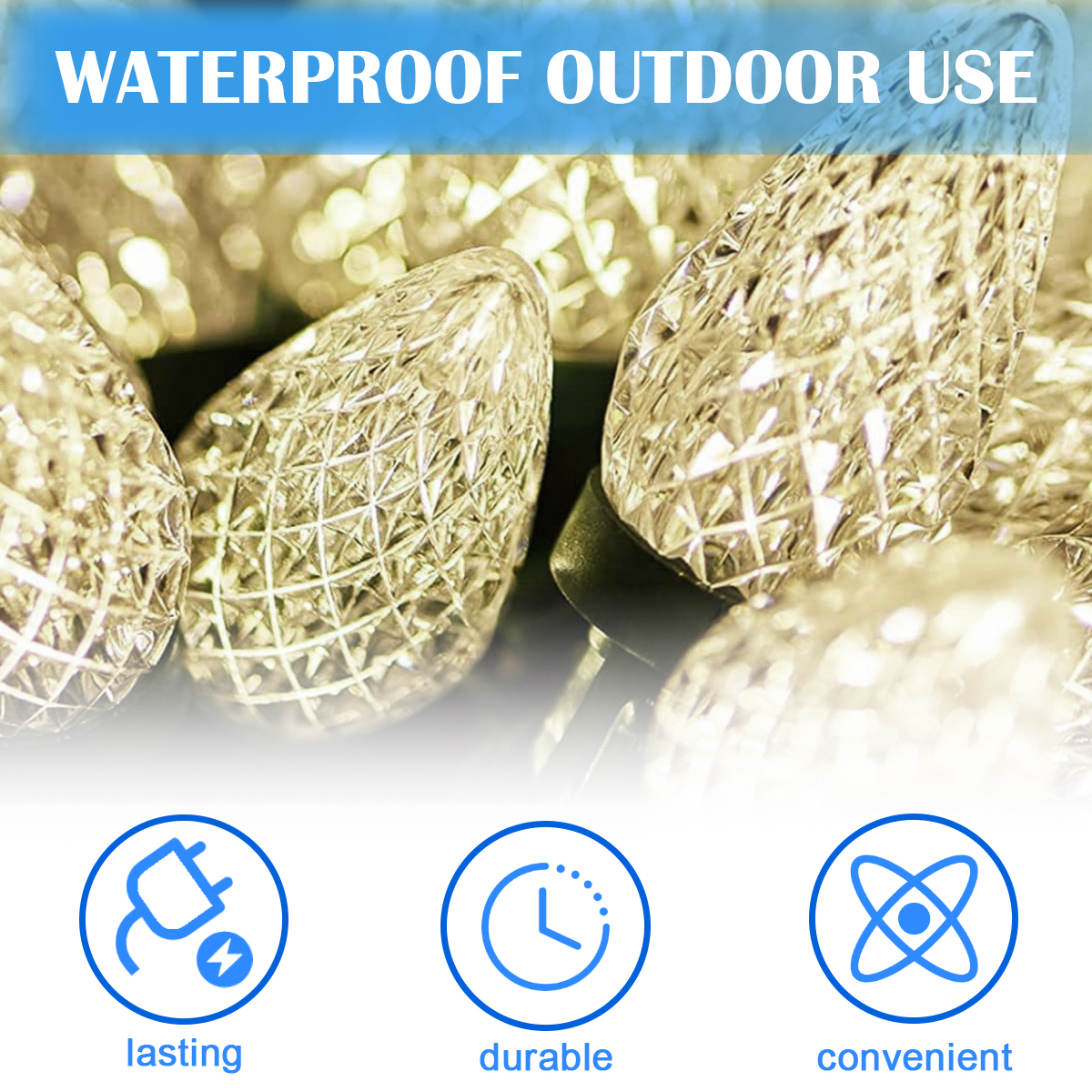 Nahaufnahme von dekorativen Außenlichtern. Text oben: Wasserdichte Outdoor-Nutzung. Symbole unten: langlebig, haltbar, bequem.