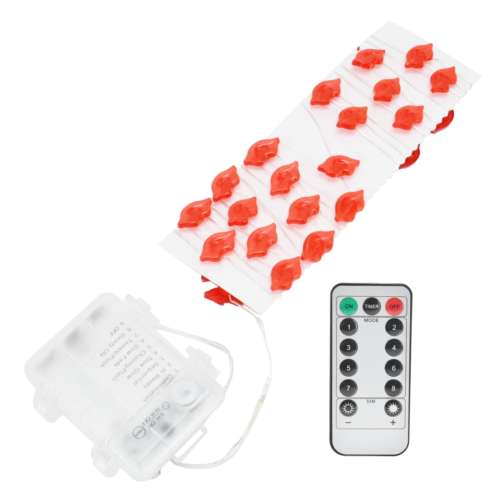 Eine Lichterkette mit roten Lippen, ein Batteriepack und eine Fernbedienung auf weißem Hintergrund.