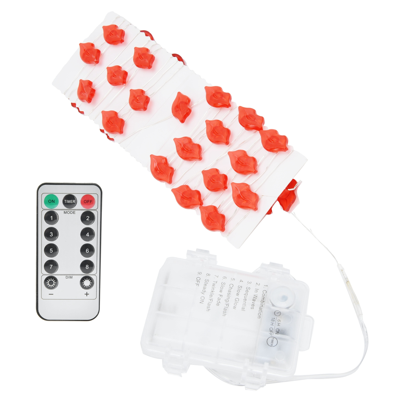 Lichterketten mit roten Lippen. Eine Fernbedienung und ein Akkupack sind vorhanden. Die Lichter sind weiß mit roten, lippenförmigen Ornamenten.