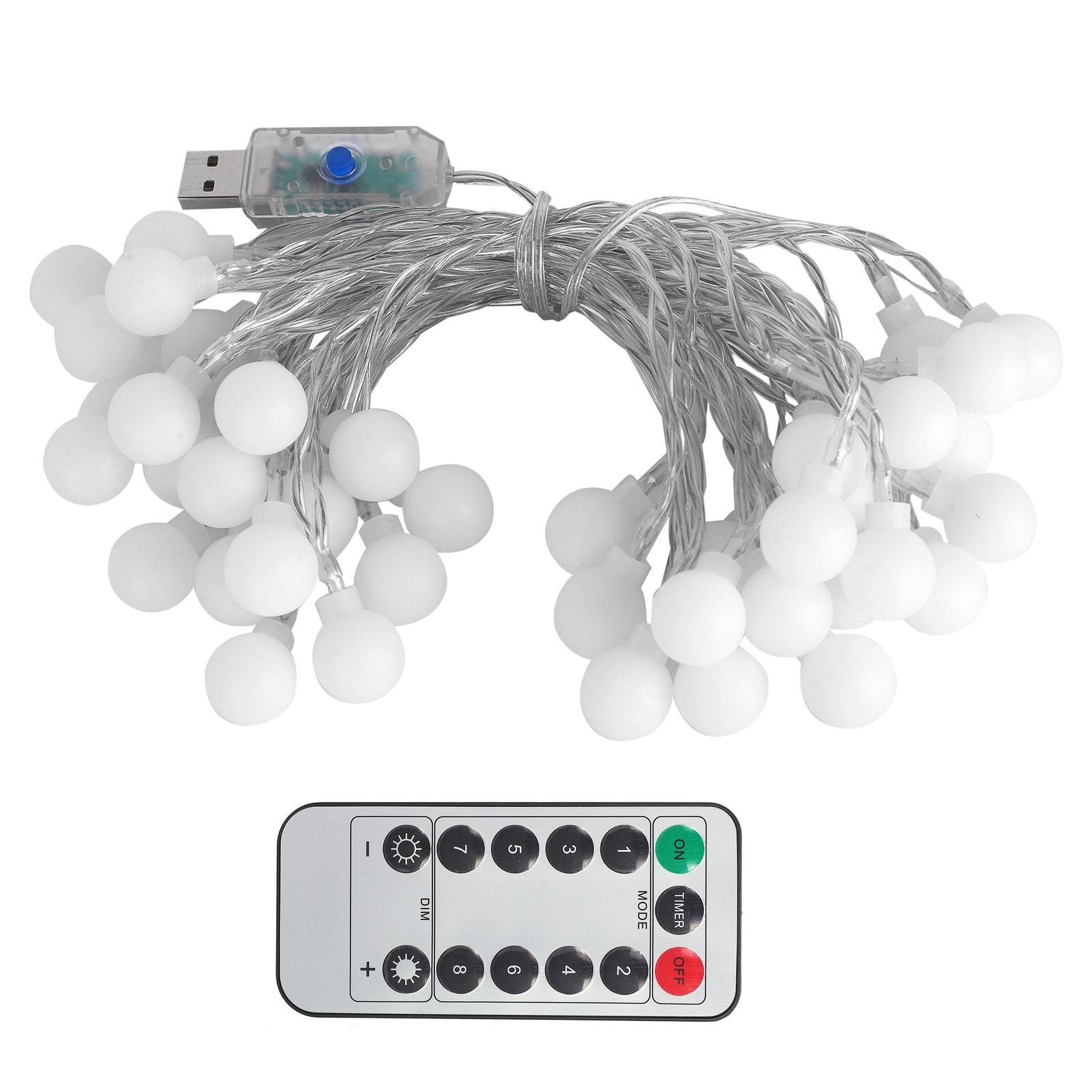 Lichterkette mit weißen Glühbirnen, USB-Anschluss und Fernbedienung mit verschiedenen Funktionstasten.