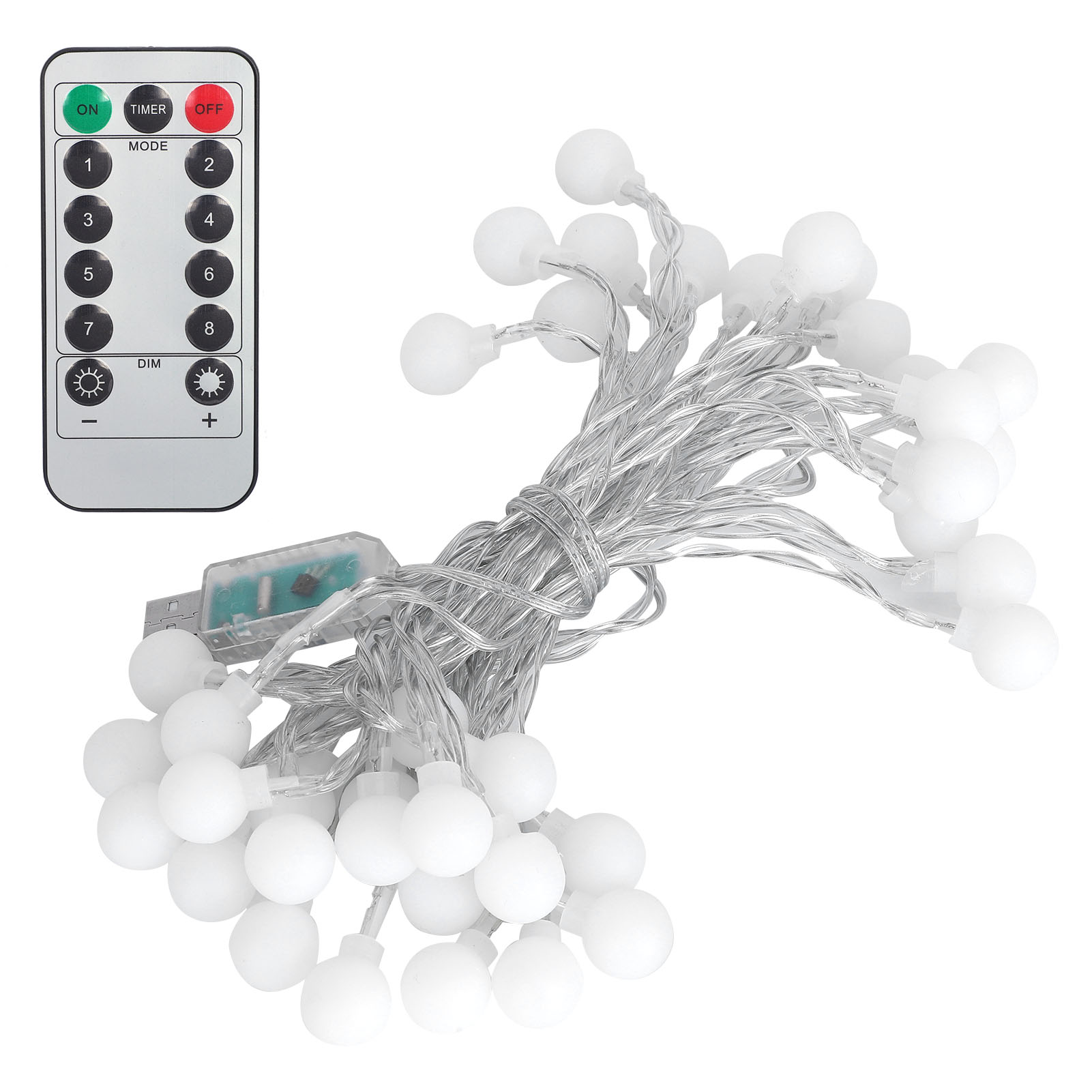 Lichterkette mit weißen Kugeln und Fernbedienung. Die Fernbedienung hat Tasten für Ein/Aus, Timer und Dimmen.