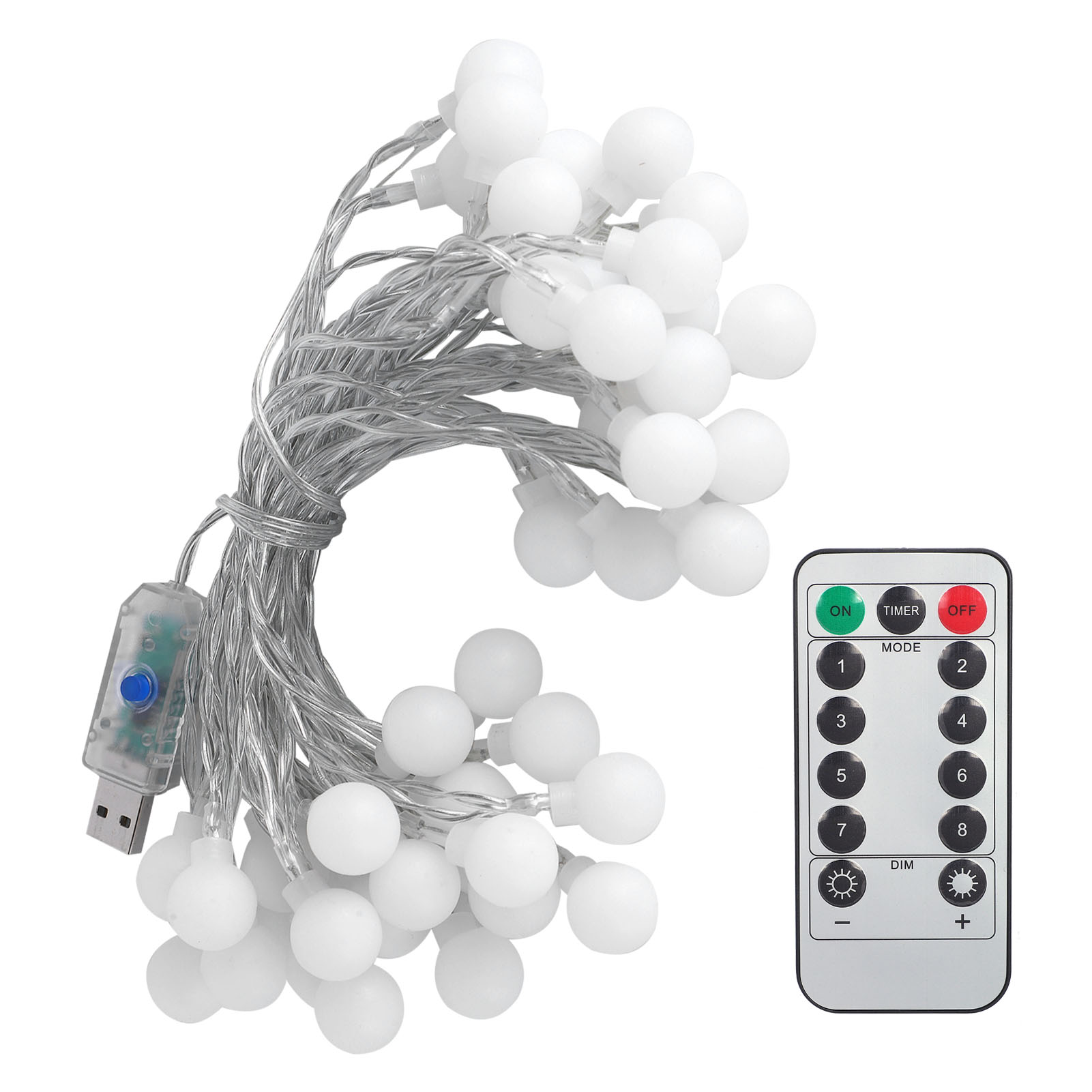 Lichterkette mit weißen Kugellampen, silbernem Draht und Fernbedienung mit Tasten. USB-Anschluss vorhanden.