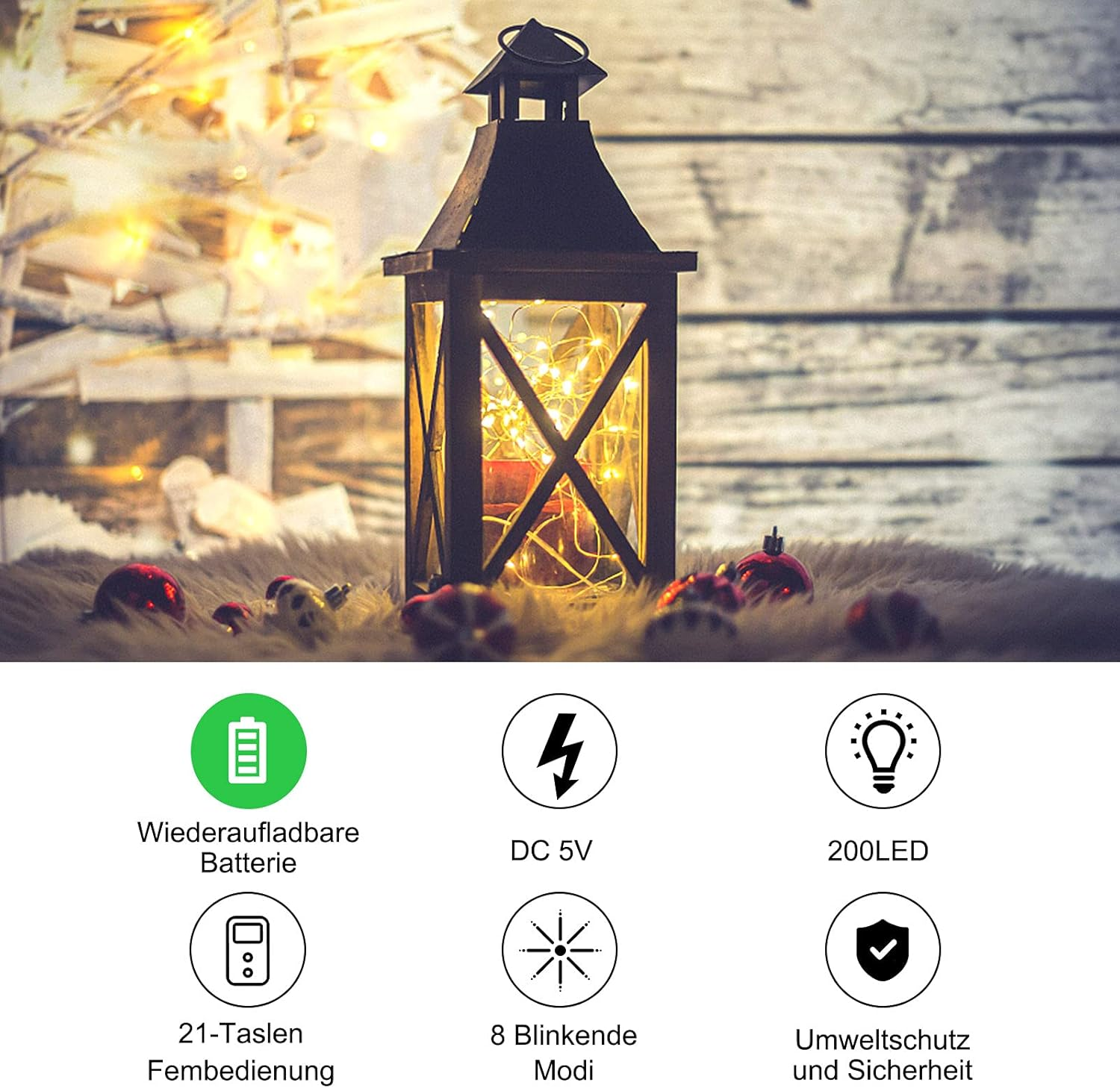 Eine beleuchtete Laterne mit Feenlichtern, roten Ornamenten und Symbolen, die Funktionen wie Batterie, Spannung, LEDs und Modi anzeigen.