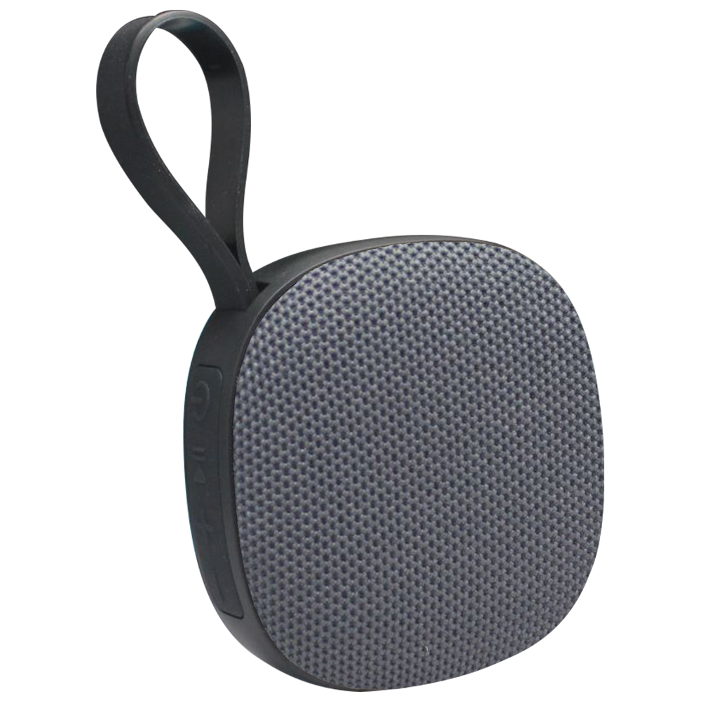 Ein tragbarer schwarzer und grauer Lautsprecher mit Schlaufengriff. Die Vorderseite hat ein Mesh-Design. Knöpfe sind an der Seite.
