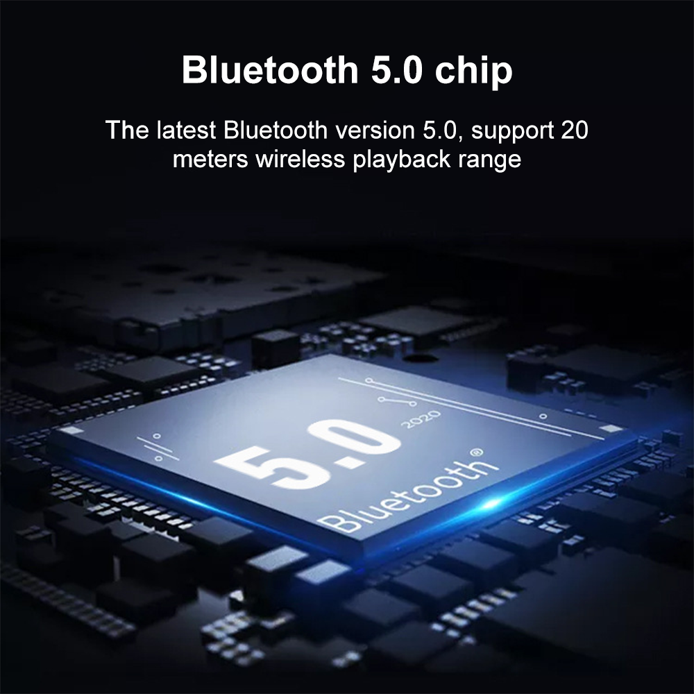 Das Bild zeigt einen Bluetooth 5.0-Chip. Der Text besagt, dass er eine drahtlose Wiedergabe über 20 Meter unterstützt. Ein blauer Chip mit der Nummer 5.0 ist sichtbar.