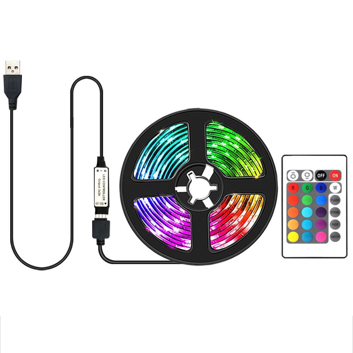 RGB-LED-Streifen mit Fernbedienung und Controller. Der Streifen ist mehrfarbig, in einer Rolle und an USB und Controller angeschlossen.