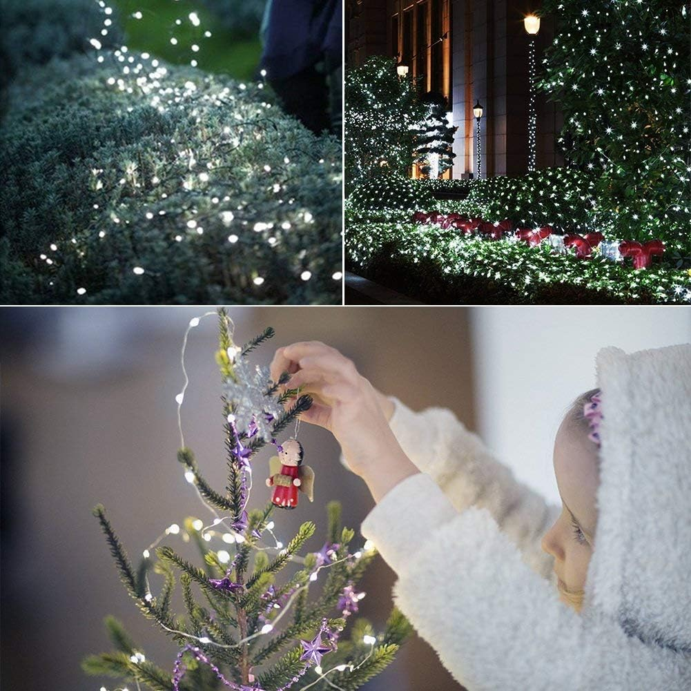 Drei Bilder: Weihnachtsbeleuchtung an Büschen, eine Nachtszene mit Lichtern und ein Kind, das einen kleinen Baum mit Lichtern und Ornamenten schmückt.
