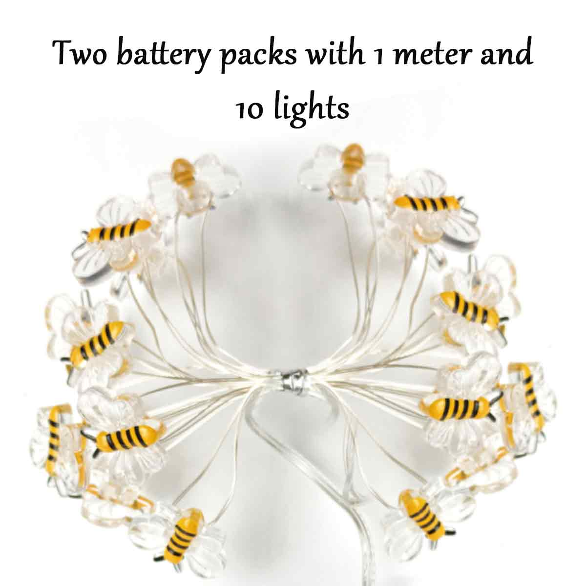 Lichterketten in Form von Bienen mit gelben und schwarzen Streifen. Die Lichter sind an einem klaren Draht befestigt. Es gibt 10 Lichter.