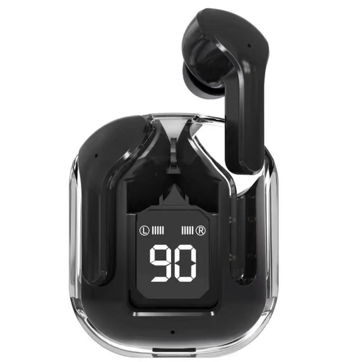 Schwarze kabellose Ohrhörer in einem Ladeetui. Das Etui hat ein Digitaldisplay mit der Zahl 90. Das Etui ist transparent. Ein Ohrhörer ist draußen.