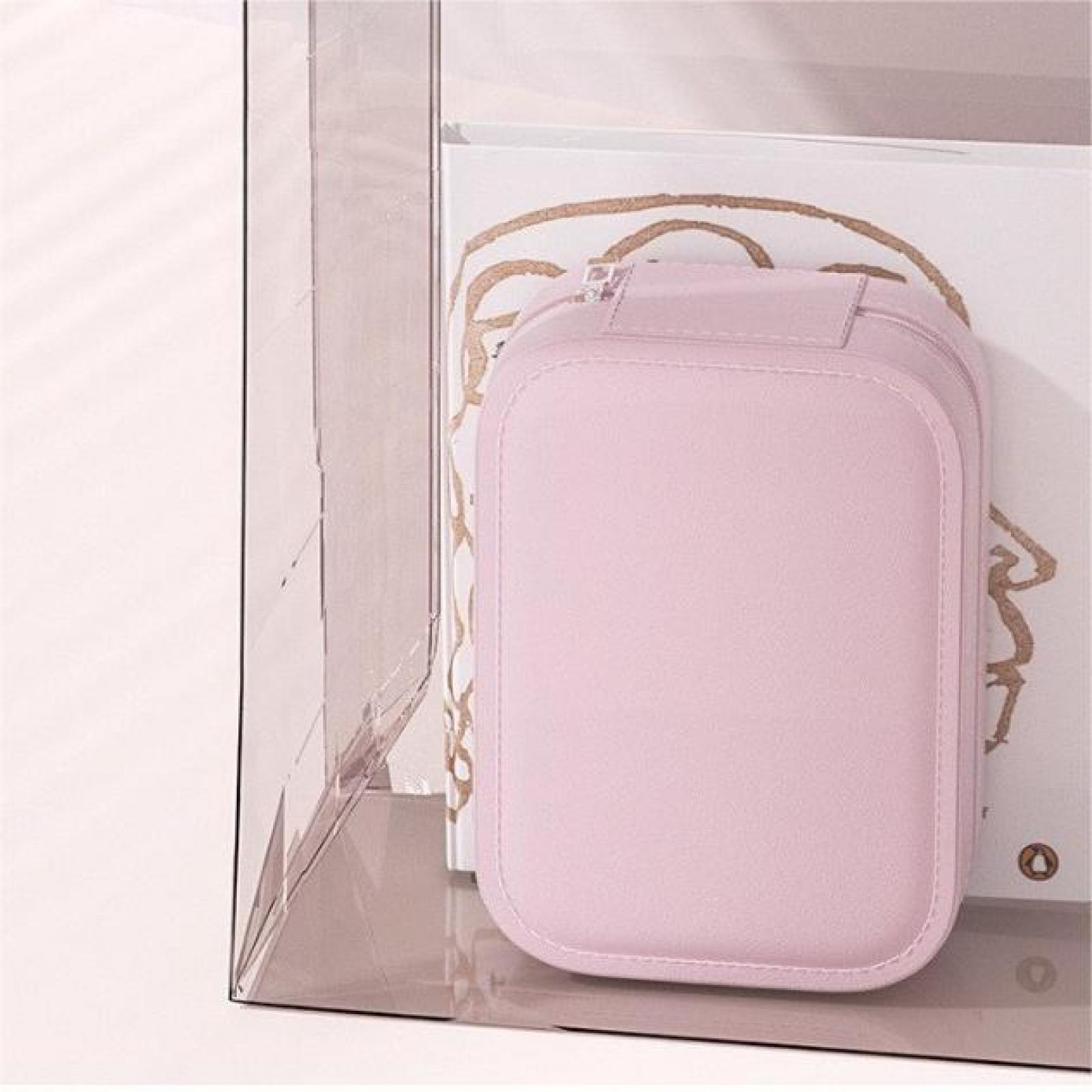 Ein rosa rechteckiger Koffer steht in einer durchsichtigen Vitrine. Die Hülle hat einen Verschluss und befindet sich auf weißem Grund mit goldenen Wirbeln.