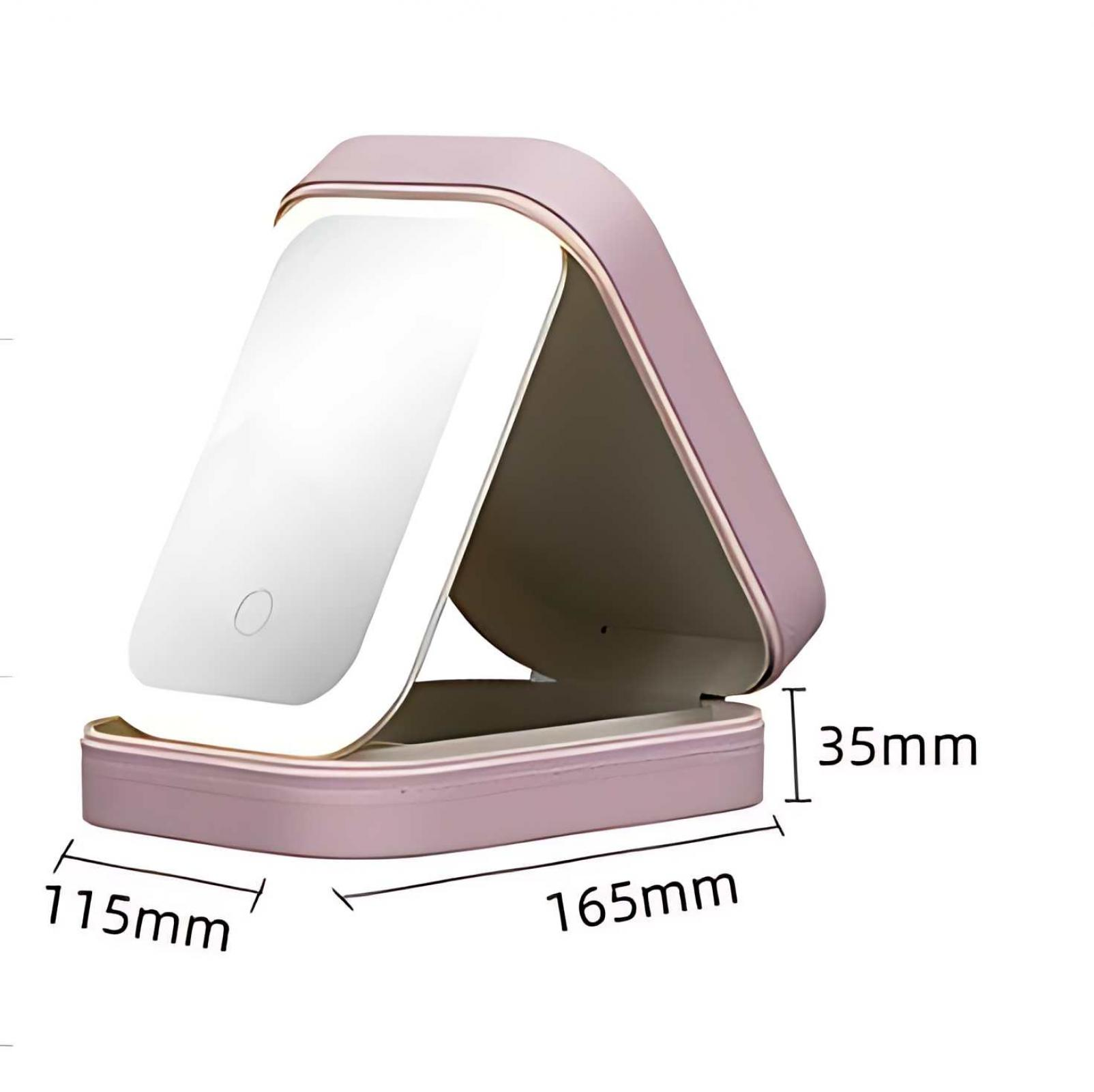 Ein rosa, zusammenklappbarer Schminkspiegel. Er hat einen rechteckigen Spiegel mit Licht auf einem rechteckigen Sockel. Abmessungen sind angegeben.