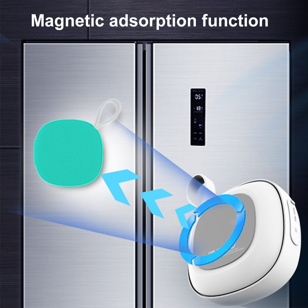 Ein türkisfarbener Lautsprecher und ein weißes Gerät sind magnetisch an einem Kühlschrank befestigt. Pfeile zeigen die Magnetfunktion an.