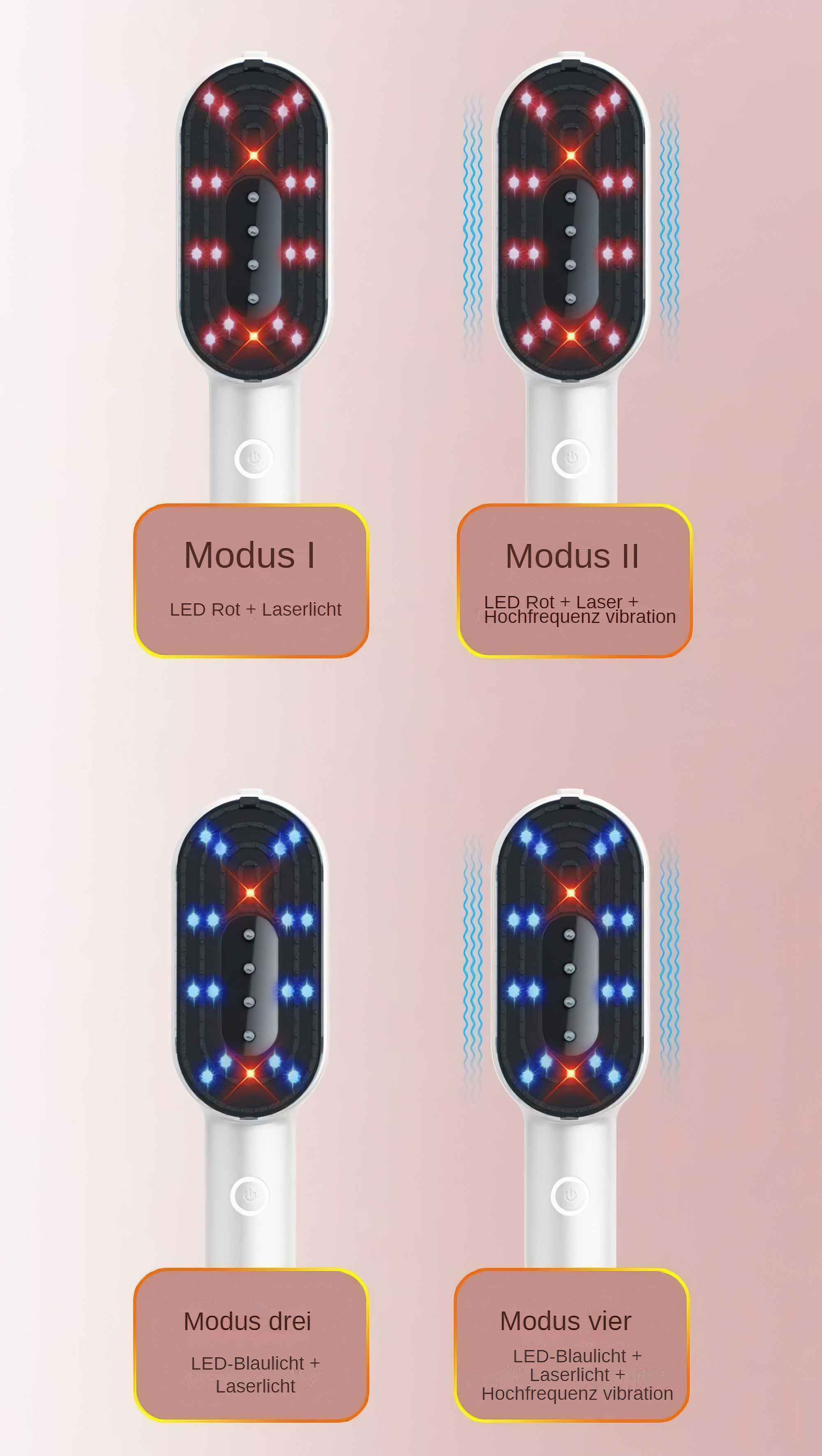 Das Bild zeigt ein Haarpflegegerät mit roten und blauen LED-Leuchten. Es hat vier Modi mit unterschiedlichen Licht- und Vibrationseinstellungen.