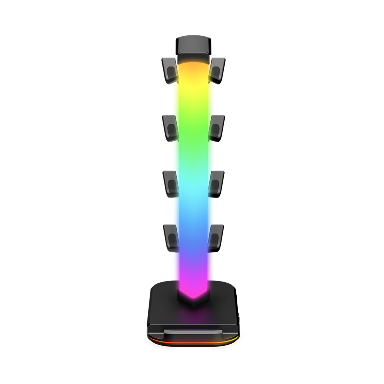 Eine schwarze Ladestation mit vertikalem Regenbogenlicht und mehreren Ladeschlitzen auf weißem Hintergrund.