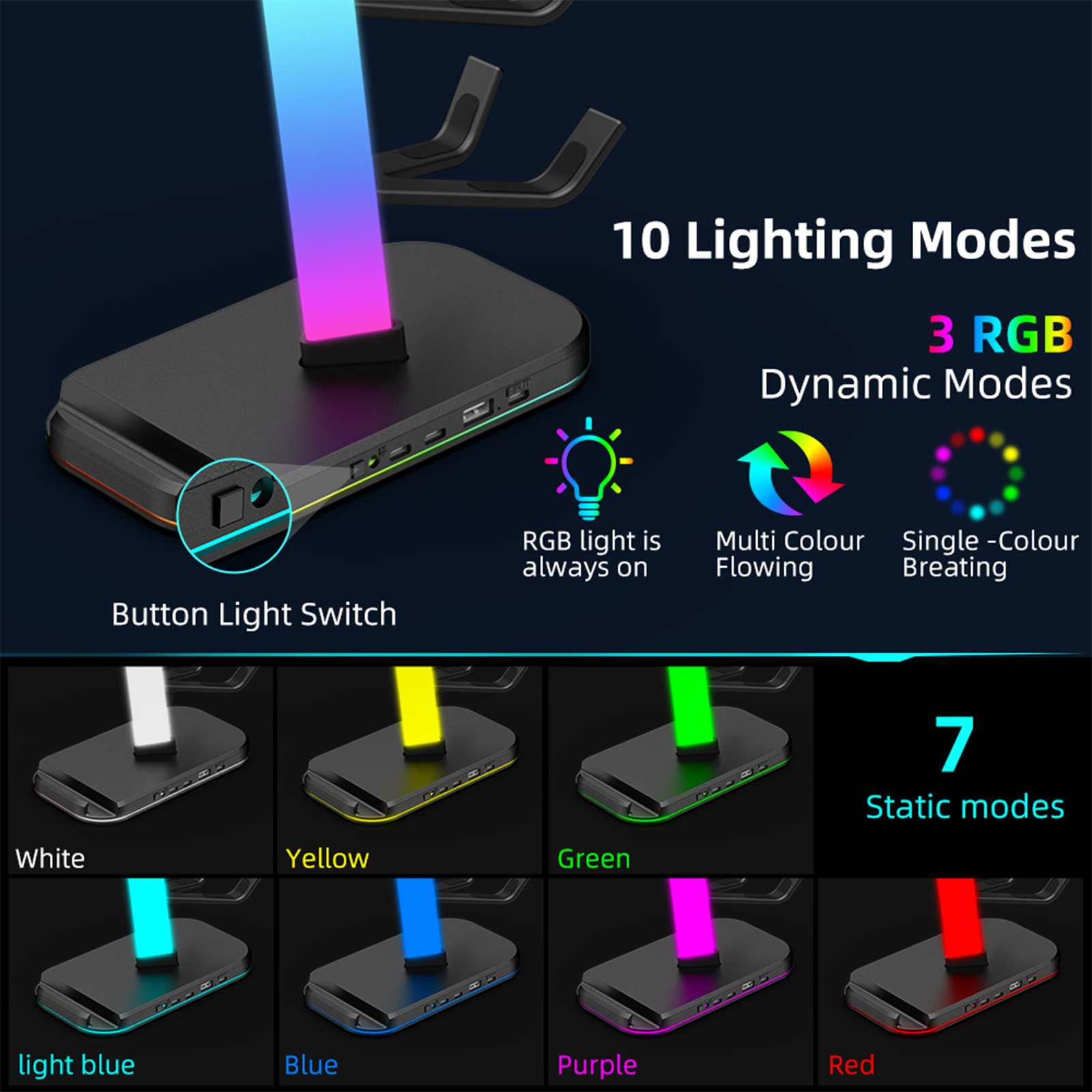 Ein beleuchteter Gaming-Ständer mit verschiedenen Lichtmodi. Er hat eine Taste zum Umschalten der Modi, und die Lichter zeigen verschiedene Farben.