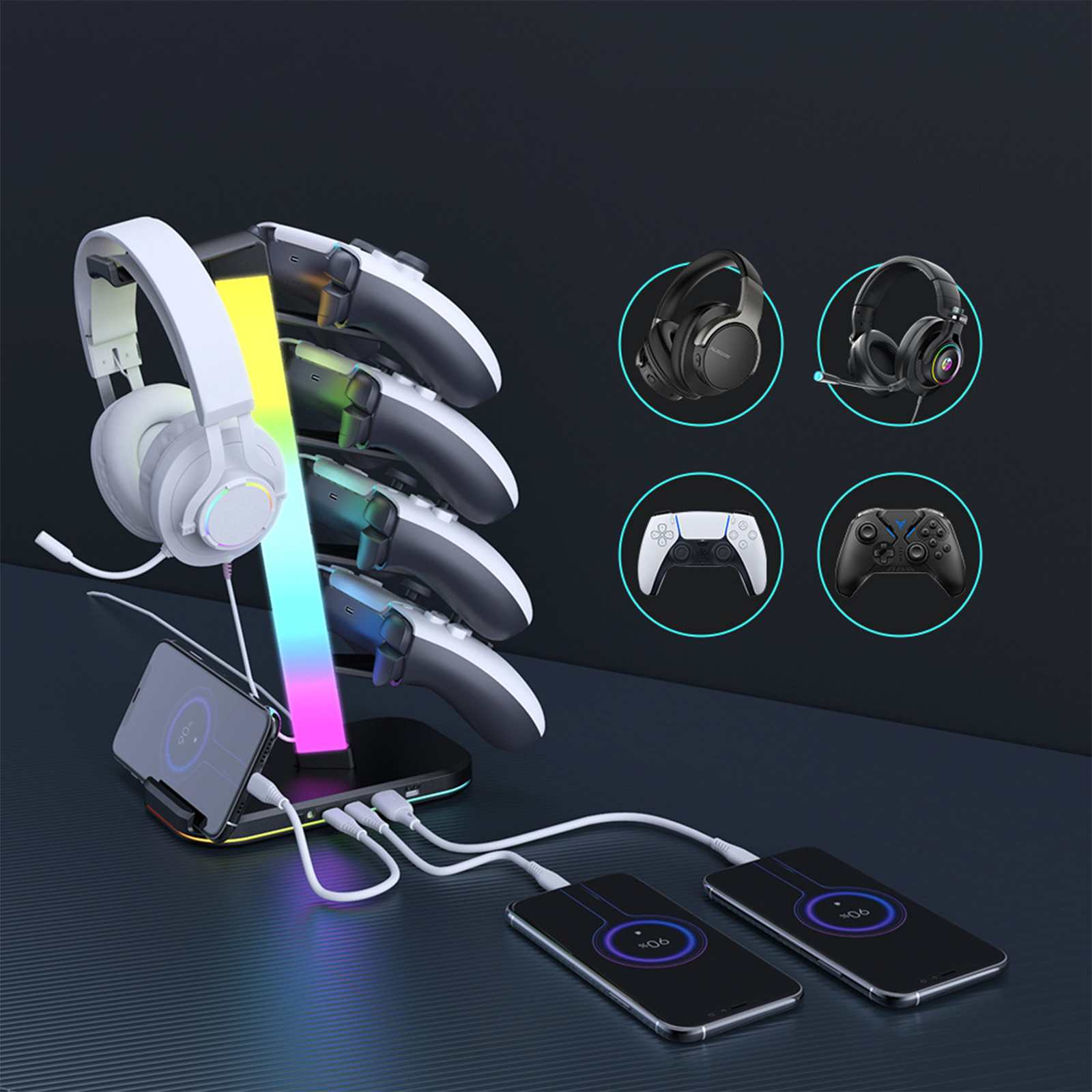 Gaming-Zubehör: Controller, Kopfhörer, Ladetelefone. Ein farbenfroher Lichtmast in der Mitte. Schwarzer Hintergrund.