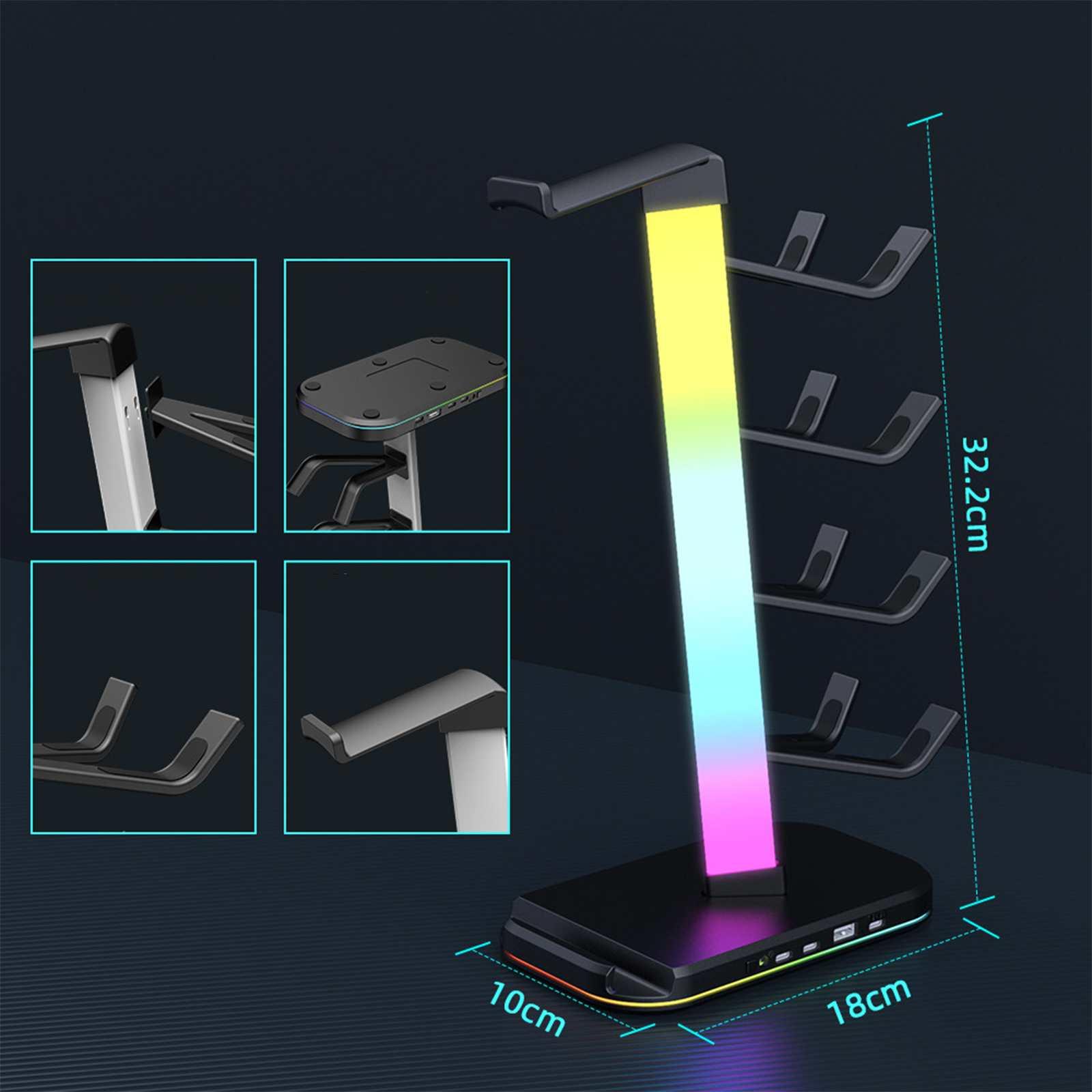Headset-Ständer mit Regenbogen-LED. Er hat eine Basis mit USB-Anschlüssen und Arme zum Aufhängen von Kopfhörern. Maße sind angegeben.