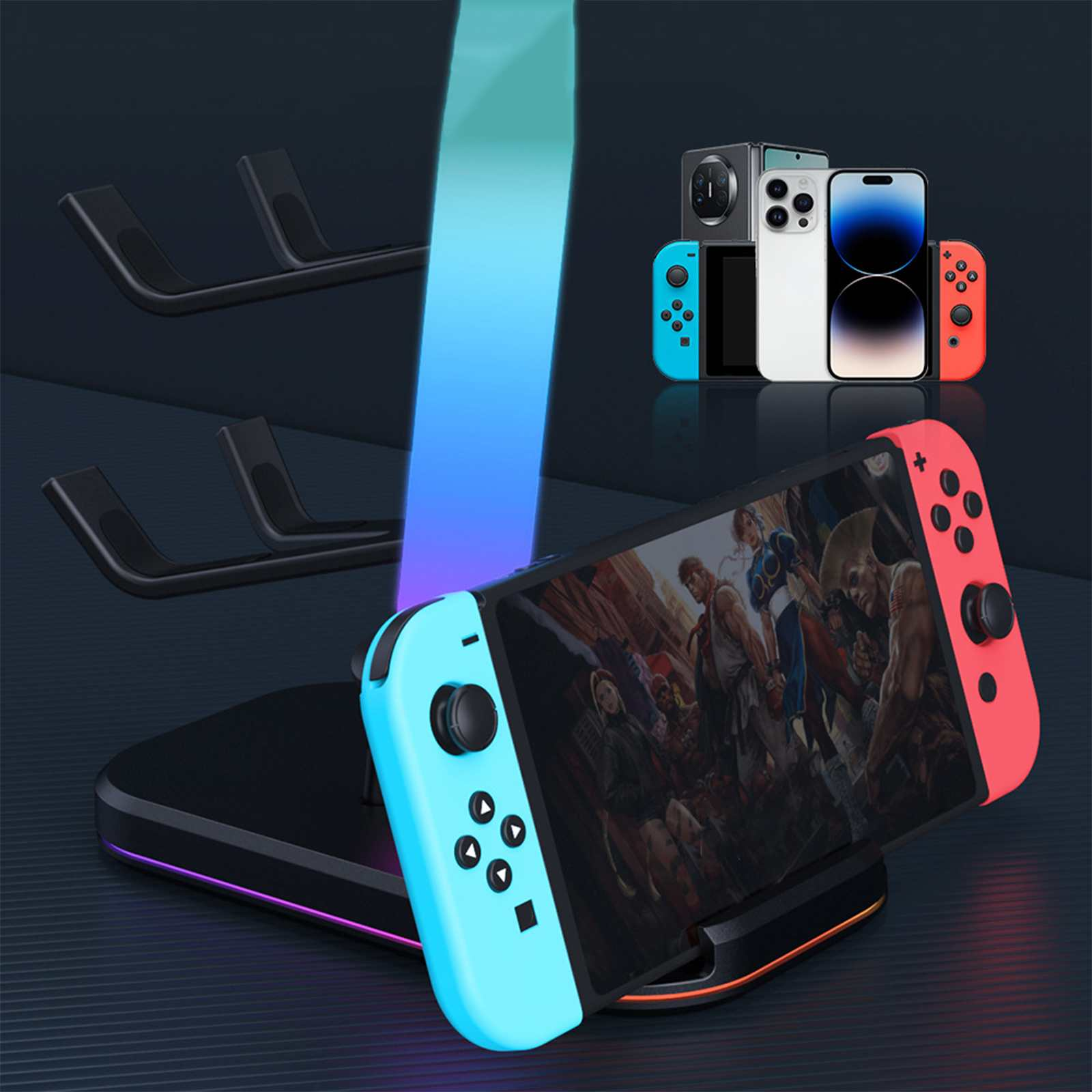 Eine Nintendo Switch ist auf einer Ladestation angedockt. Andere Telefone sind sichtbar. Die Szene ist hell beleuchtet.