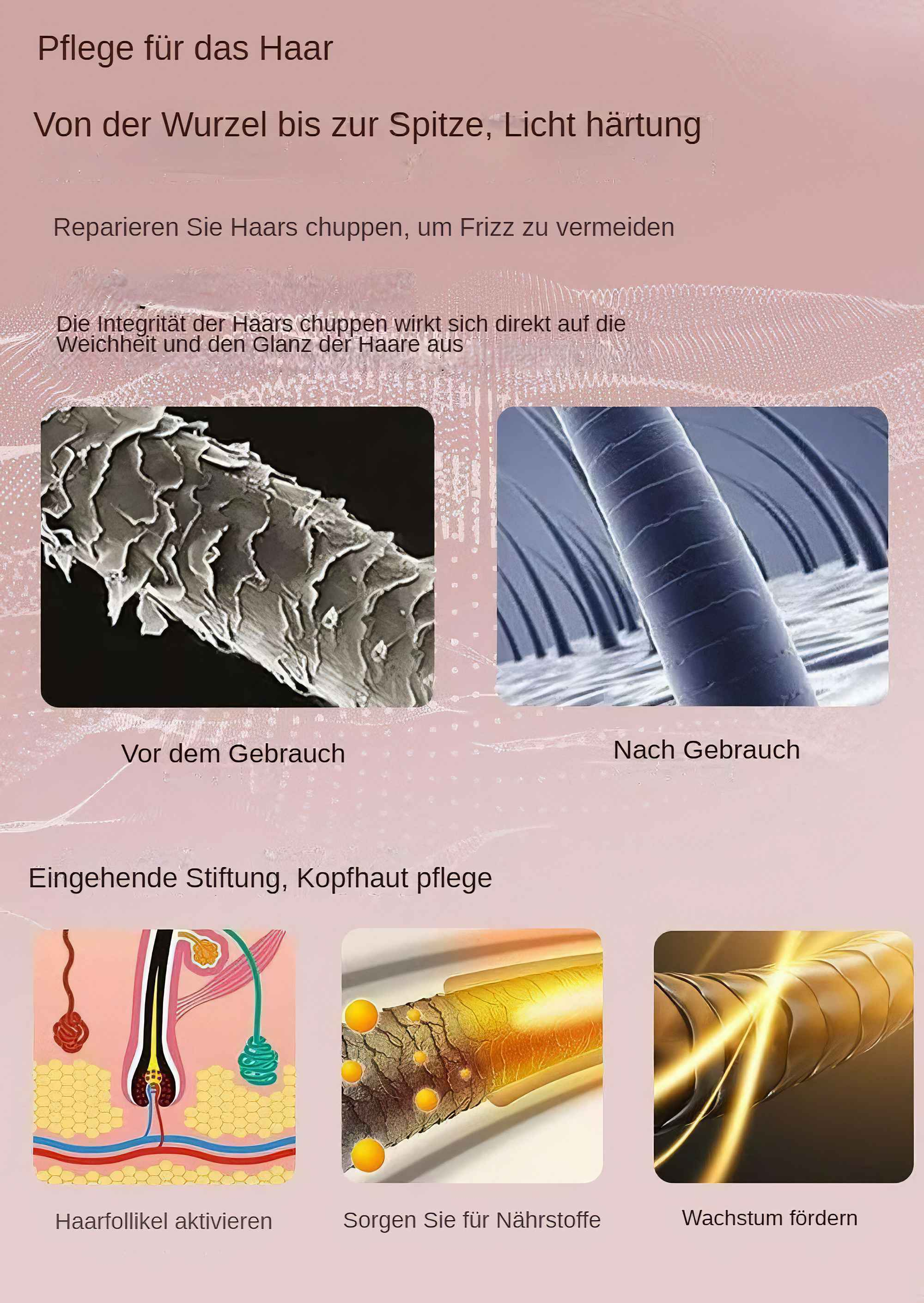 Haarpflegeanzeige zeigt Haarproben vor und nach der Behandlung sowie Diagramme von Haarfollikel und Wachstum.
