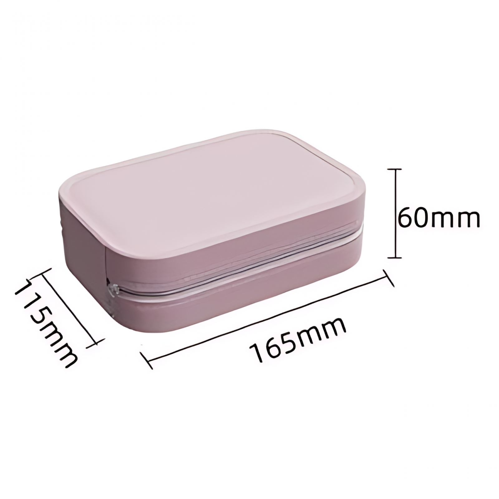Eine rosa, rechteckige Box mit Reißverschluss, Abmessungen: 165 mm x 115 mm x 60 mm, isoliert auf weißem Hintergrund.