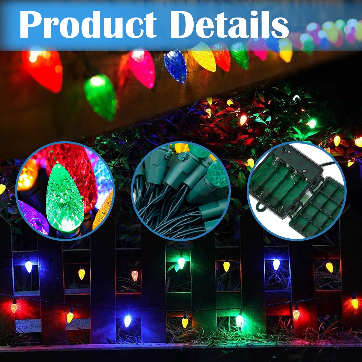 Das Bild zeigt Produktdetails von bunten Weihnachtslichtern. Enthält Nahaufnahmen von Lichtern, Kabeln und Akkupack mit Lichtern an einem Zaun.