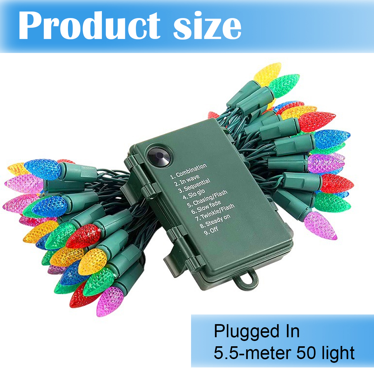 Lichterkette mit bunten Glühbirnen und einer grünen Steuerbox, die mit Lichtmodi beschriftet ist. Text lautet 'Produktgröße' und 'Angeschlossen'.