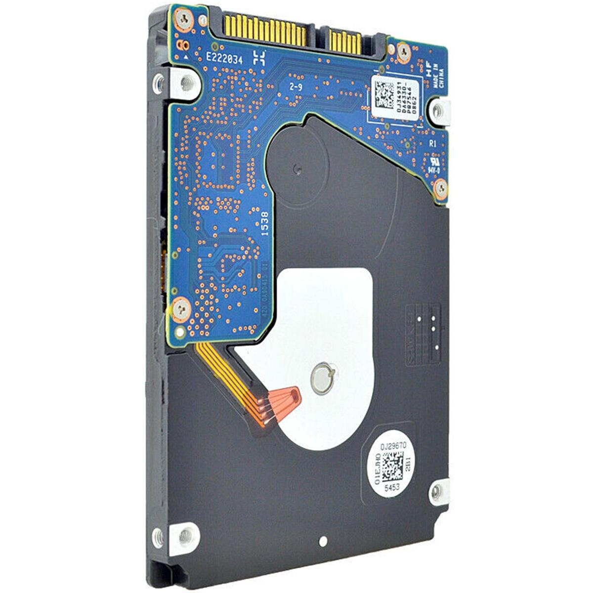 Un disco rigido con una scheda blu, un corpo nero ed etichetta bianca con testo. Ha un connettore e viti.
