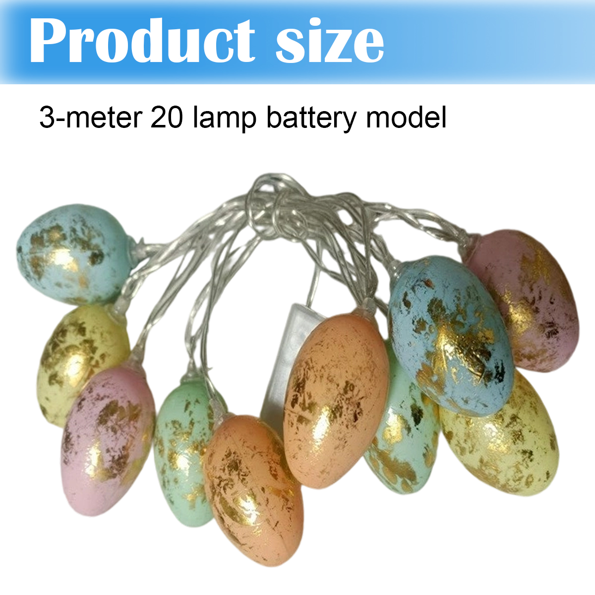 Eine Lichterkette mit bunten Ostereiern mit goldenen Akzenten. Der Text oben lautet 'Produktgröße'. Der Hintergrund ist weiß.