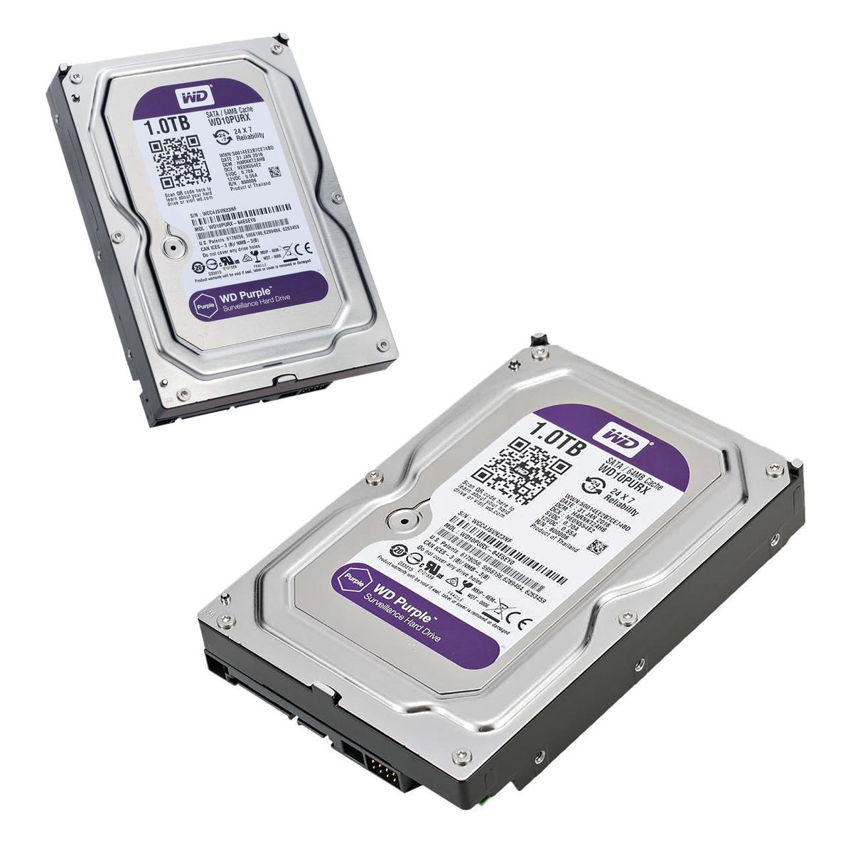 Due dischi rigidi di sorveglianza WD Purple da 1,0 TB, argento e nero, con etichette. Uno è angolato, l'altro è sullo sfondo.