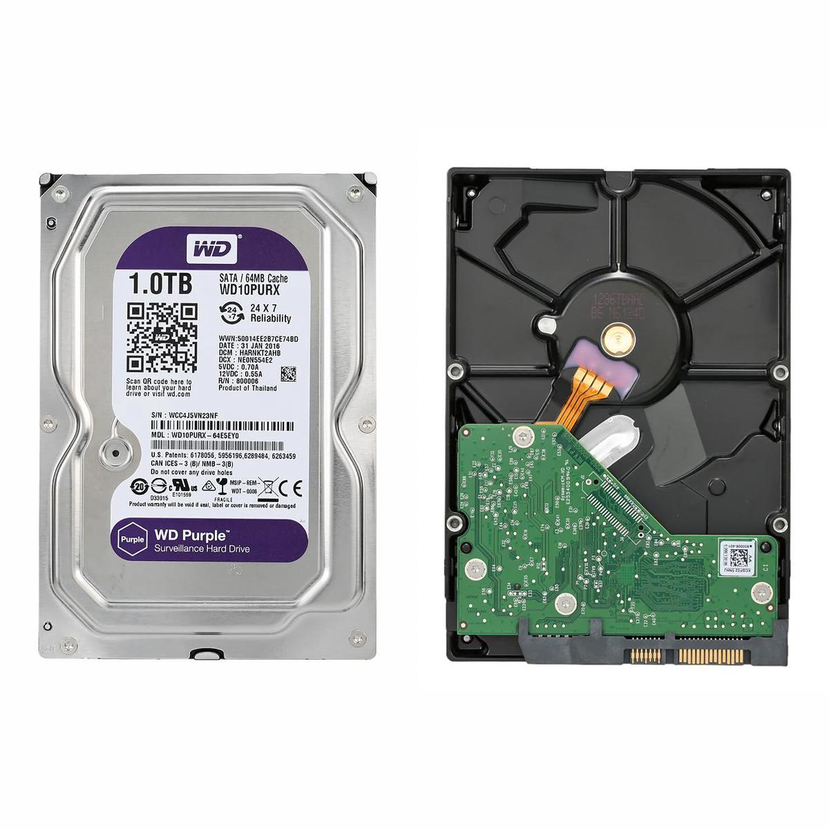 Un disco rigido WD Purple da 1,0 TB, modello WD10PURX, con interfaccia SATA. Il disco è aperto, mostrando il circuito interno.
