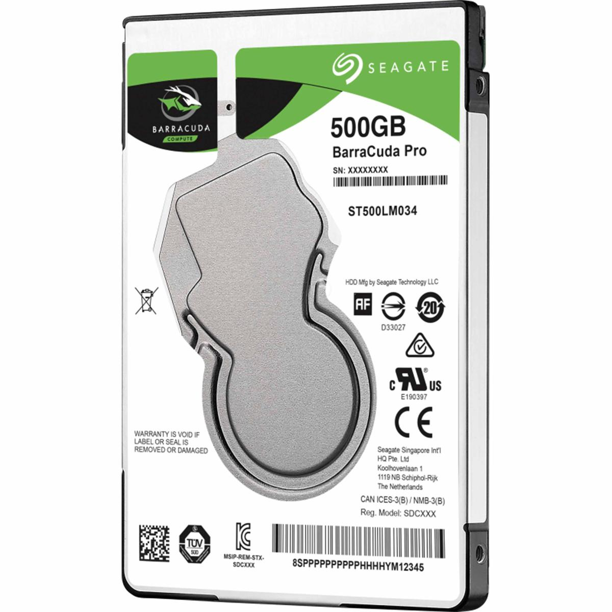 Un disco rigido Seagate Barracuda Pro. Presenta il logo Seagate, informazioni sulla capacità e dettagli del modello. Ha un corpo in metallo.