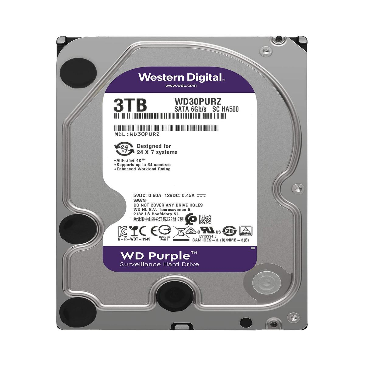 Un disco rigido di sorveglianza WD Purple da 3 TB di Western Digital. Ha specifiche stampate, tra cui SATA 6Gb/s.
