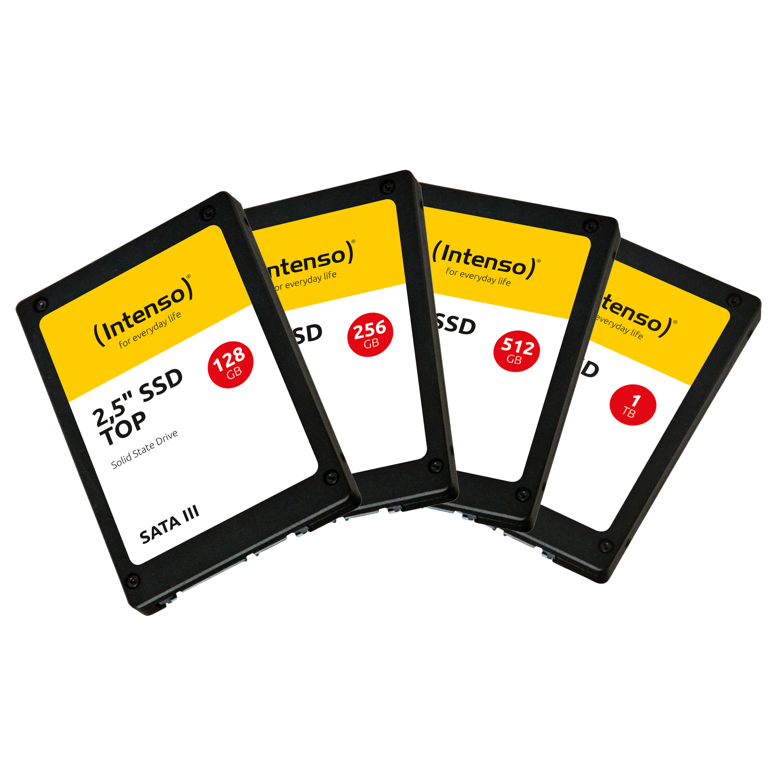 Quatre SSD noirs 'Intenso' avec capacités de stockage : 128 Go, 256 Go, 512 Go et 1 To. Fond blanc.