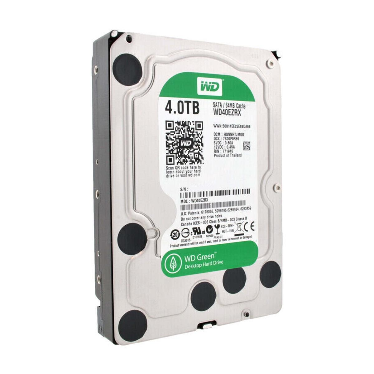 Un disco rigido WD Green da 4.0TB argento e verde. Dettagli includono il logo del marchio, modello e specifiche.