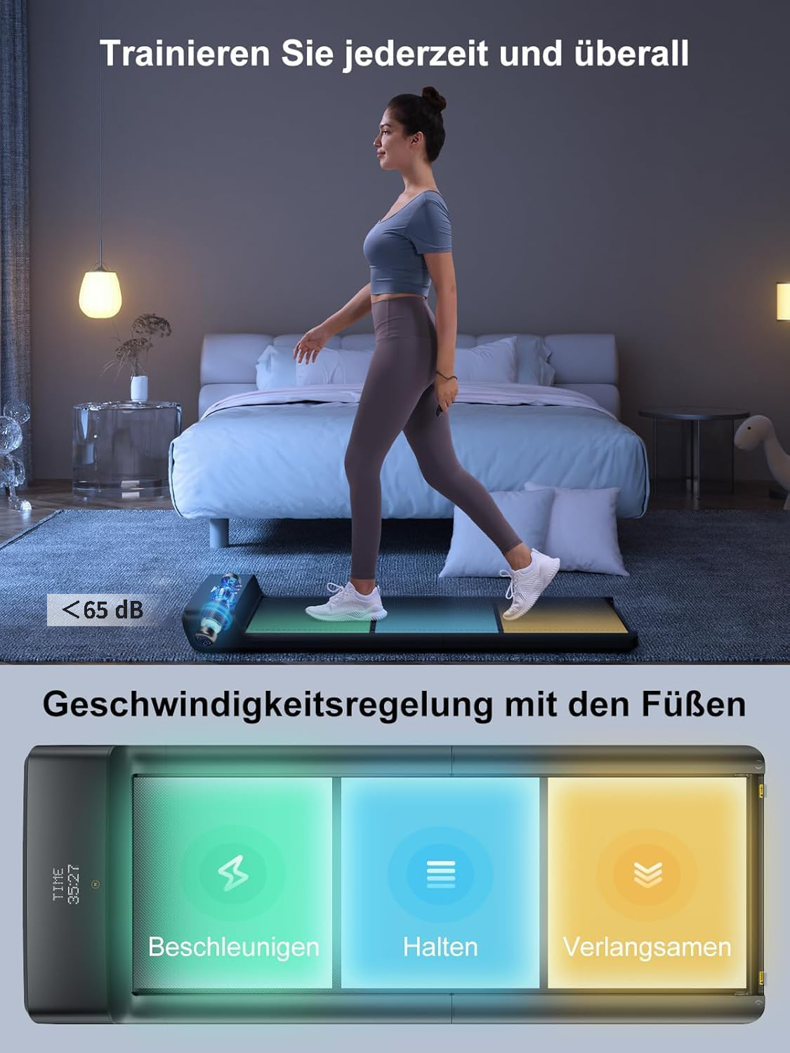 Frau geht auf einem Laufband in einem Innenraum. Bedienfeld zeigt Geschwindigkeitsoptionen. Text auf Deutsch.